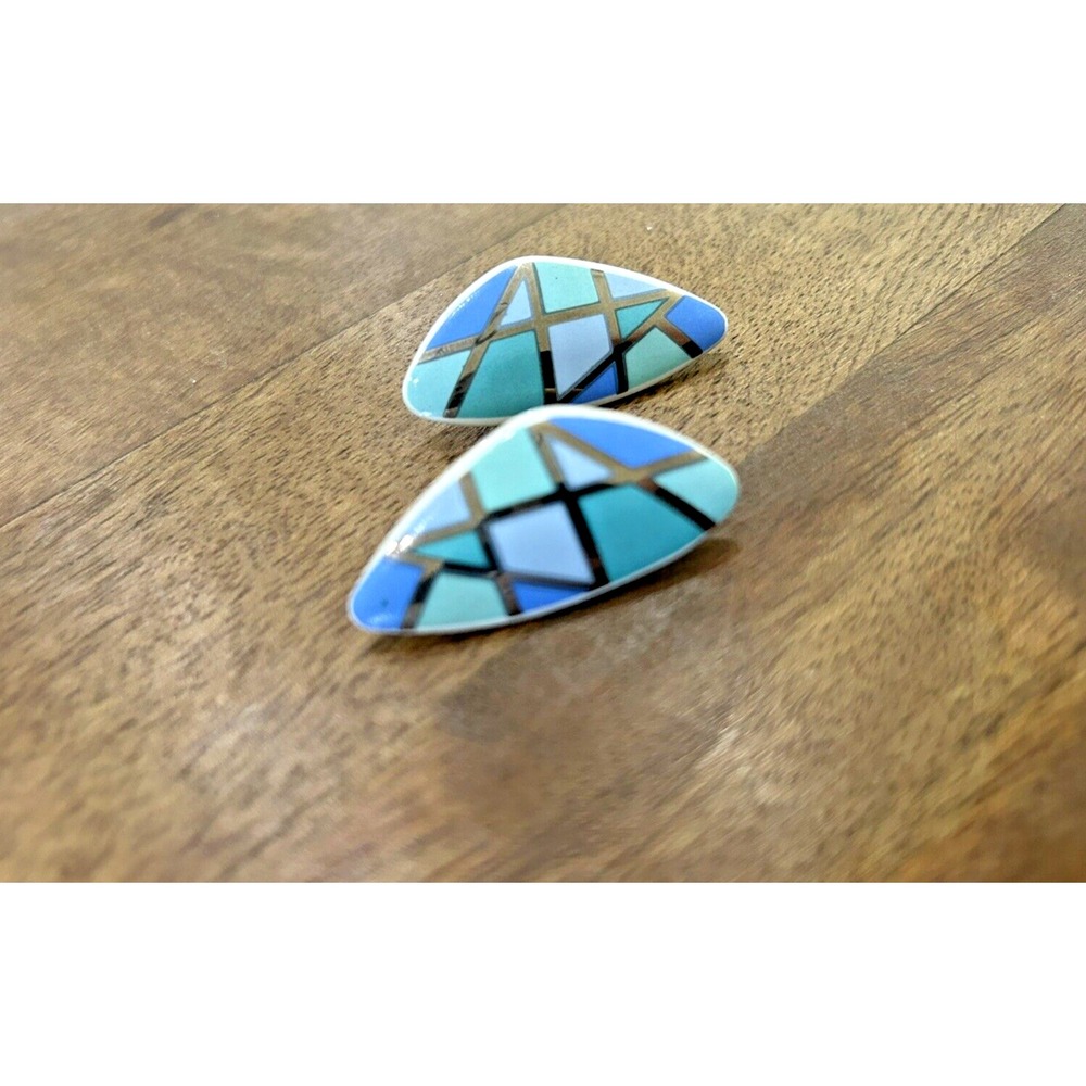 Vintage Ceramic Earrings Blue Geometric‎ Triangle Studs Pierced 80s 90s Retro